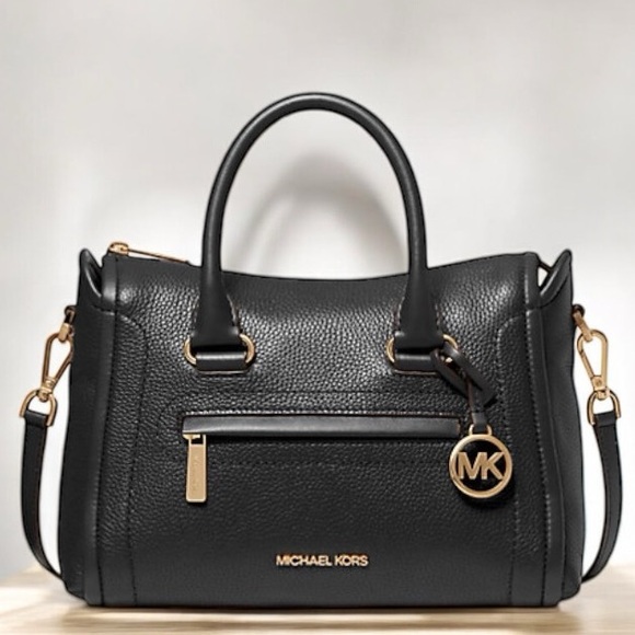 Michael Kors Carine Classic Black Medium Pebbled Genuine Leather Satchel Handbag - Picture 1 of 13
